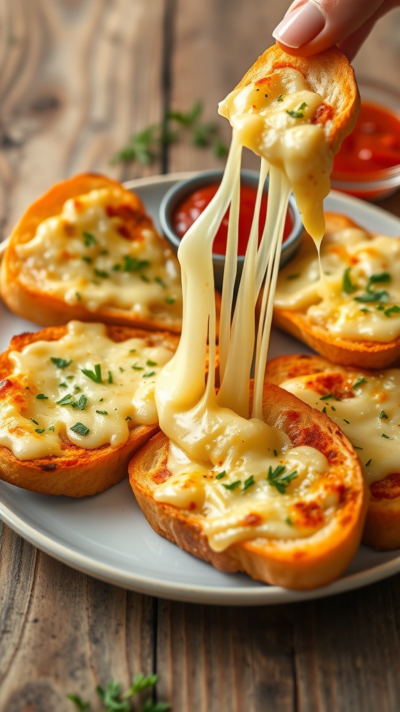 Melty Cheese Toast Recipe A close-up of cheesy toast with melted cheese and herbs, served with marinara sauce.